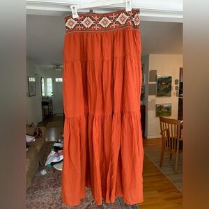 By Anthropologie Beaded Waist Tiered Terracotta Maxi Skirt
